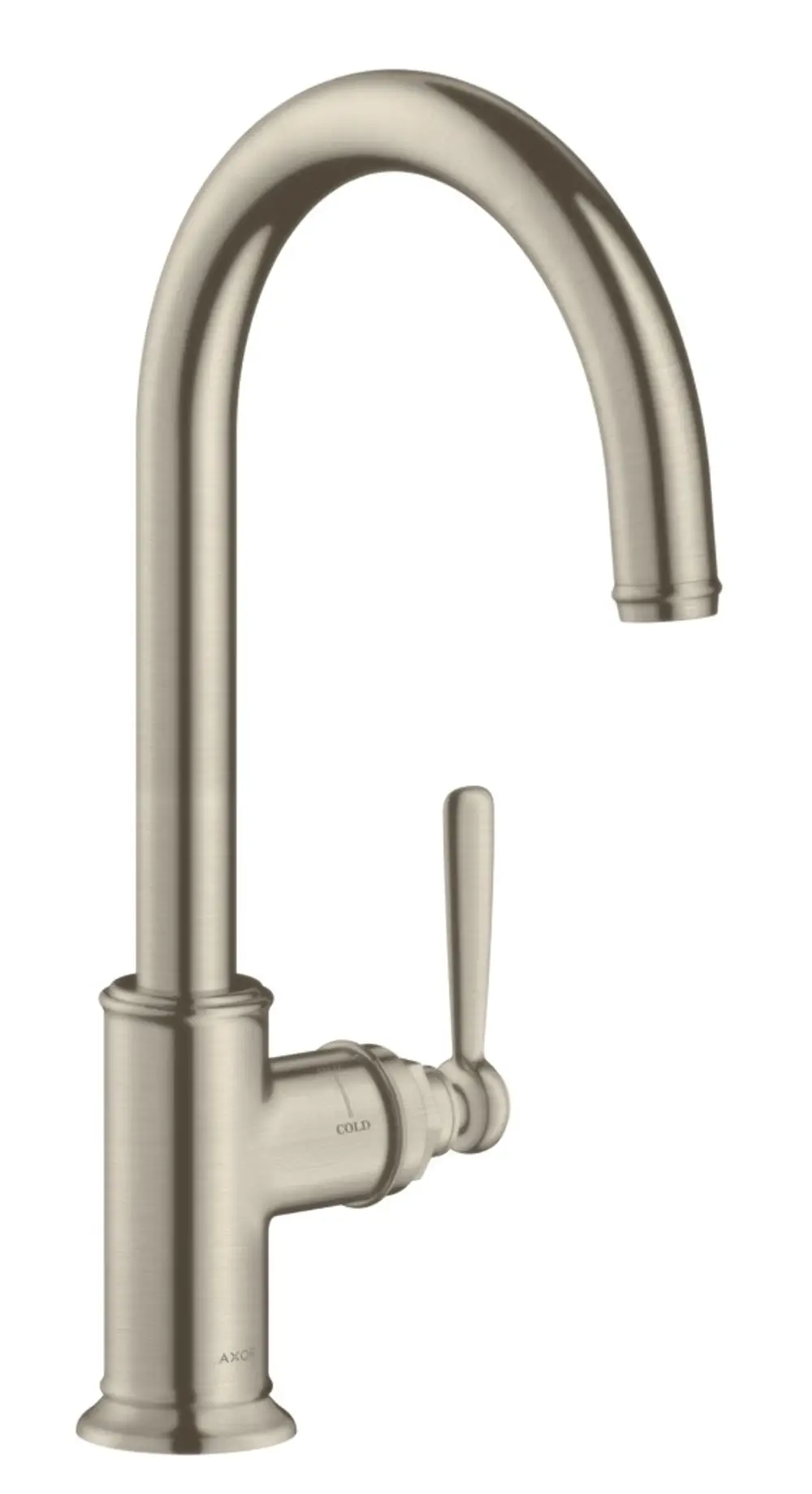 Ein Küchenmischer in gebürstetem Nickel von AXOR mit einem hohen, geschwungenen Auslauf und einem seitlichen Hebel für die Temperatur- und Wassermengenregelung.